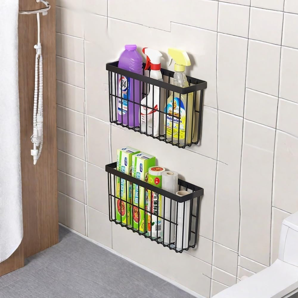 3-Piece Wall-Mounted Storage Box Set for Kitchen Cabinet Doors, Self-Adhesive Organizer for Wardrobe, Bathroom, and Refrigerator (Black)