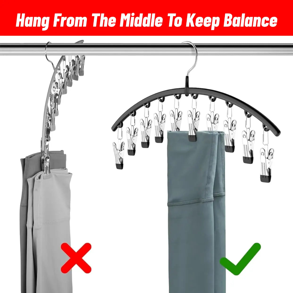 Curved Shape Hanger,10/Pcs Metal Yoga Pants Hanger, Home Organizer for Closet, Pants Hanger with 10Clothespins, Space Saving Hanging Hanger