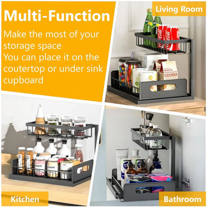 L-Shaped Pull-Out Under Sink Organizer - 2-Tier Sturdy Metal Storage Solution for Kitchen and Bathroom, Rustproof and Easy to Install, Ideal for Spices and Snacks, Black