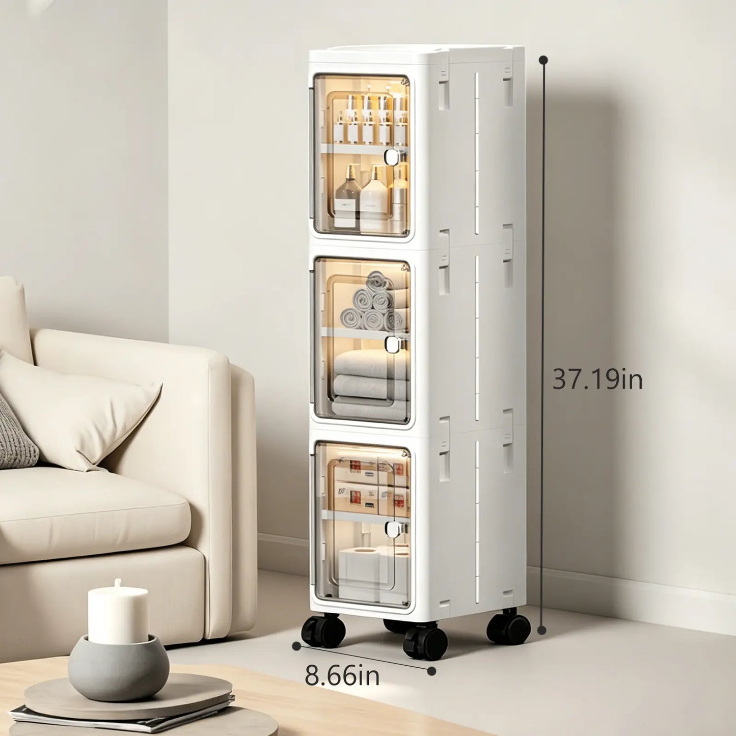 White Freestanding PP Plastic Pantry Storage Cabinet - 5-Tier Slim Narrow Unit with 360° Swivel Casters, Adjustable Shelves, Flat Fold, Lockable Modern Design, Furniture Storage for Kitchen Organizing, Bathroom
