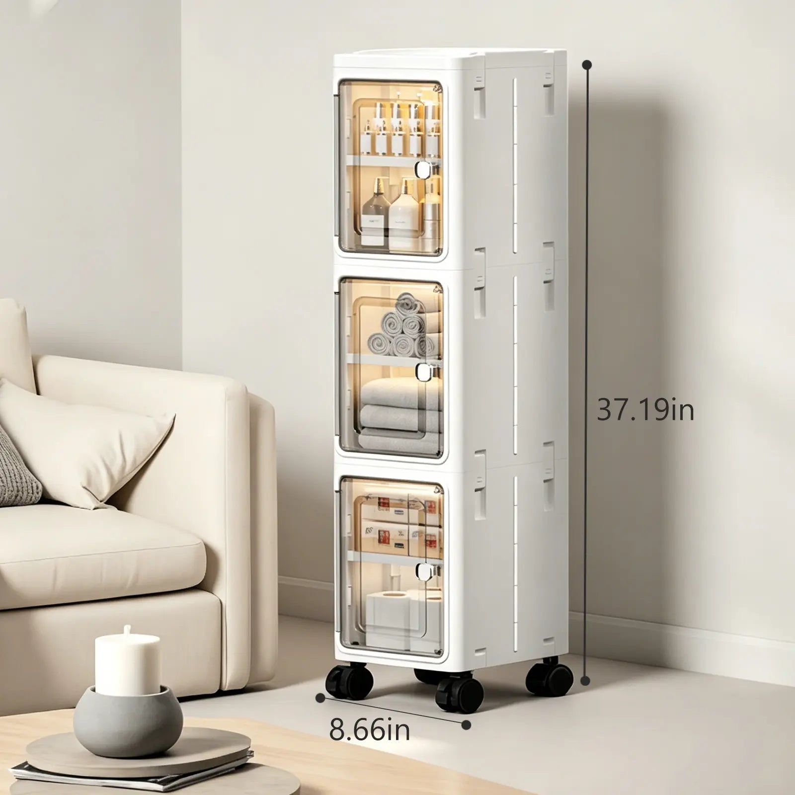White Freestanding PP Plastic Pantry Storage Cabinet - 5-Tier Slim Narrow Unit with 360° Swivel Casters, Adjustable Shelves, Flat Fold, Lockable Modern Design, Furniture Storage for Kitchen Organizing, Bathroom