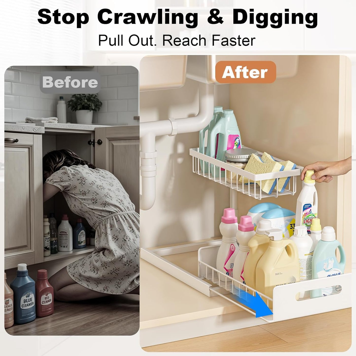 under Sink Organizer, L-Shaped 2 Tier Pull Out Cabinet Organizer