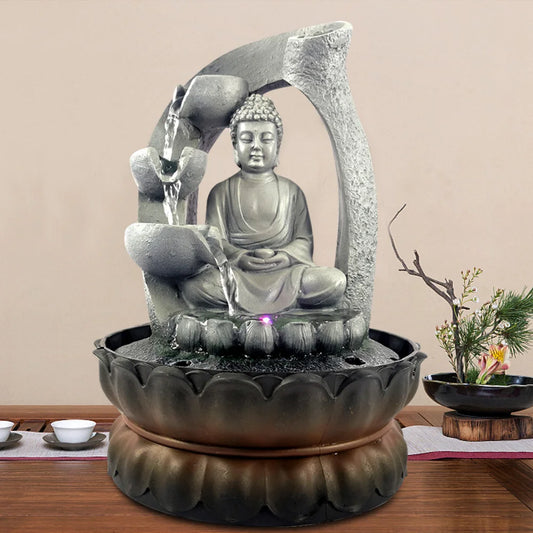 Indoor Water Fountain Water Feature LED Lights Tabletop Buddha Sculpture for Office Bedroom Home Decor