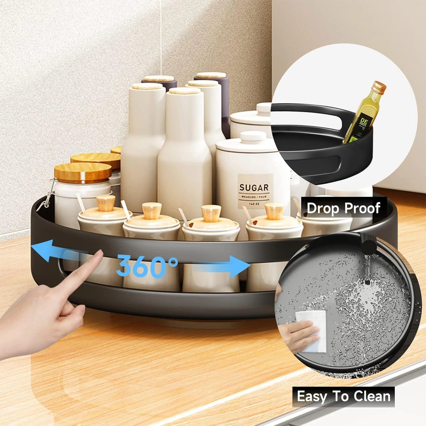 SKYWEE 360° Lazy Susan Turntable Organizer - Metal Spice Rack for Kitchen, Pantry, Cabinet, and Worktop Surfaces, Black Finish