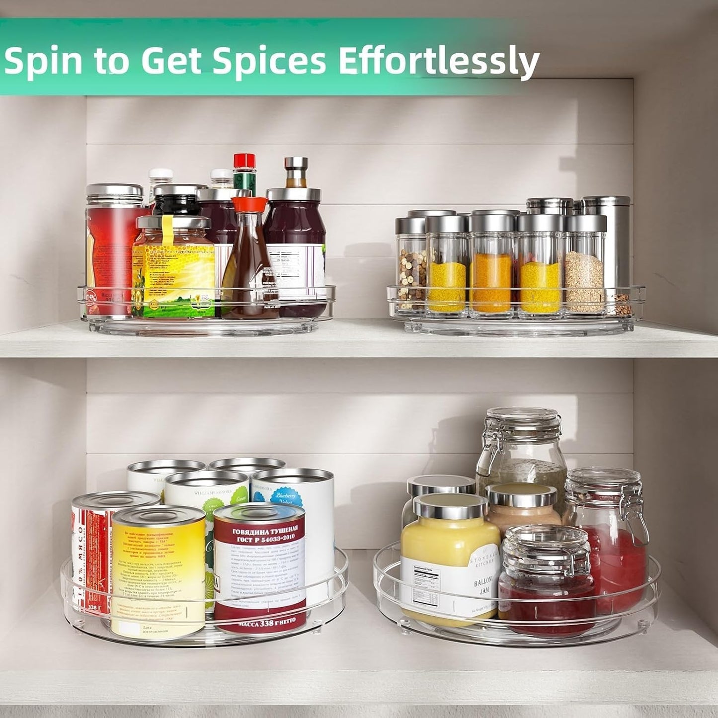 Set of Two 9.5-Inch Non-Skid Lazy Susan Organizers for Cabinet Use