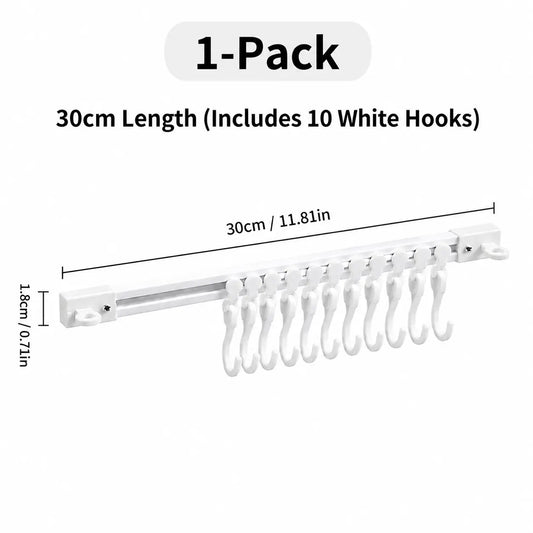 Adjustable 10-Hook Multifunctional Slide Rail Adhesive Wall Organiser, Kitchen Utensil Holder, Cupboard Hanging Storage Rack for Bathroom & Bedroom