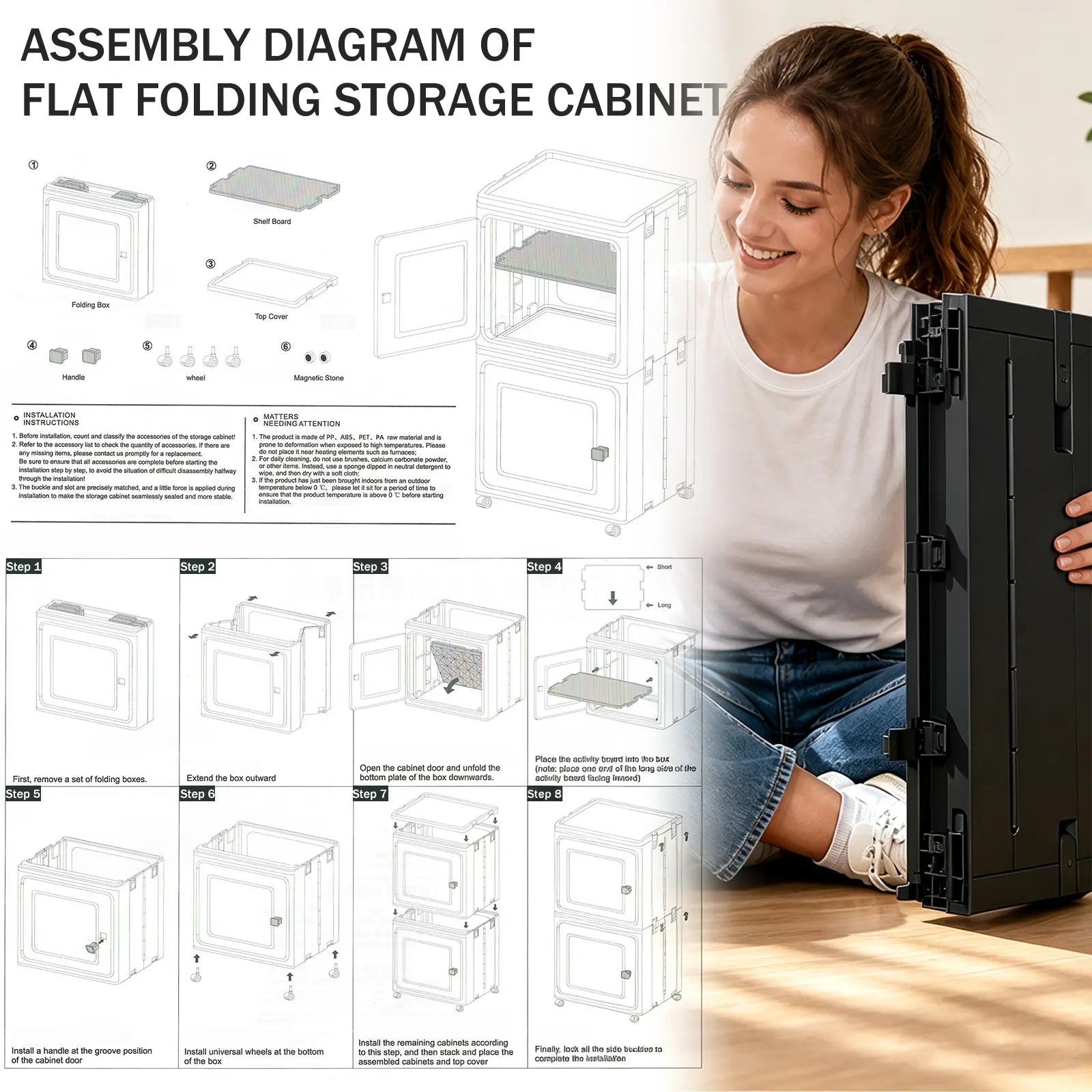 White Freestanding PP Plastic Pantry Storage Cabinet - 5-Tier Slim Narrow Unit with 360° Swivel Casters, Adjustable Shelves, Flat Fold, Lockable Modern Design, Furniture Storage for Kitchen Organizing, Bathroom