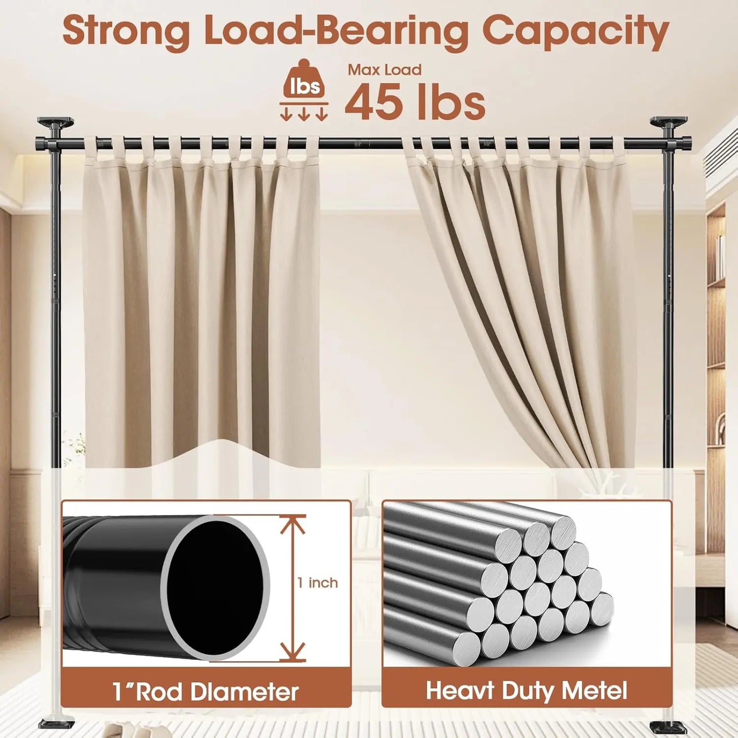 Room Divider No Drilling Curtain Rod Wall Divider for Room Separation, 4-10Ft(H) 28-114Inch(W) Adjustable, Heavy Duty Partition Space Separator Freestanding Tension Curtain Stand, Black