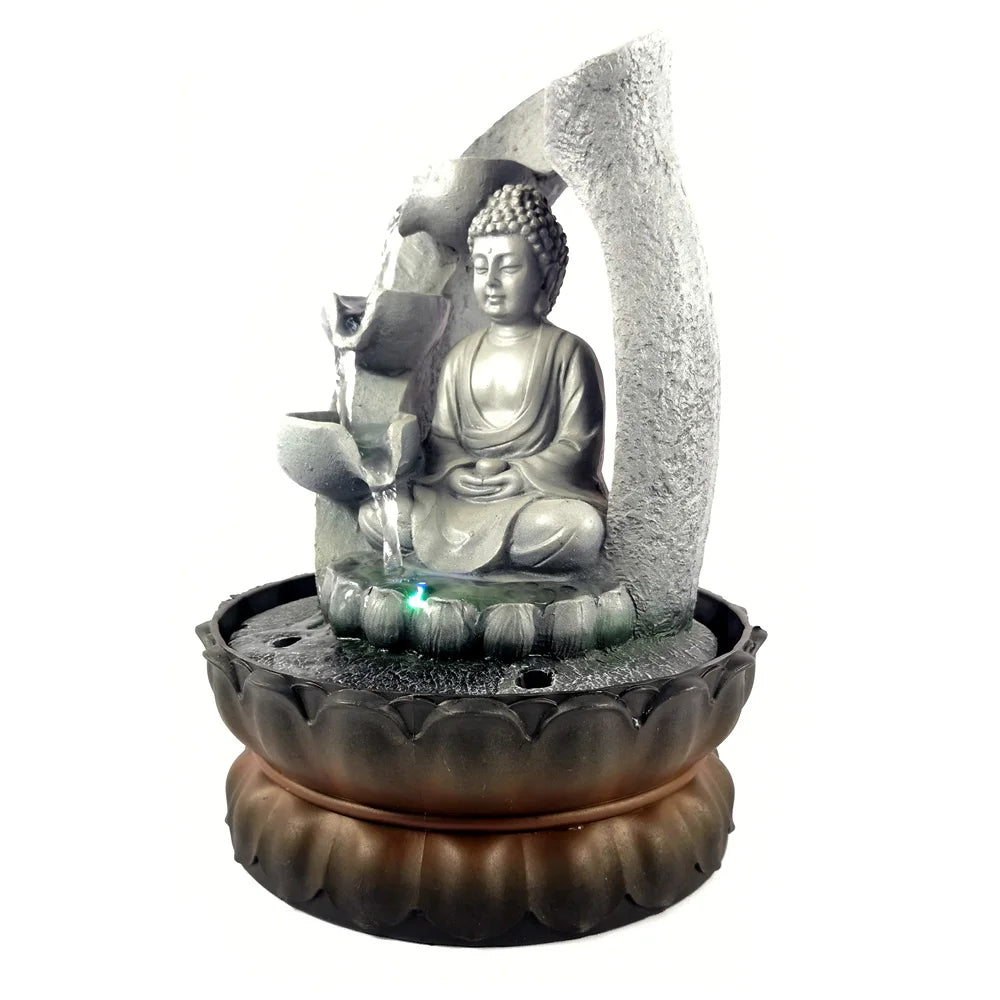 Indoor Water Fountain Water Feature LED Lights Tabletop Buddha Sculpture for Office Bedroom Home Decor
