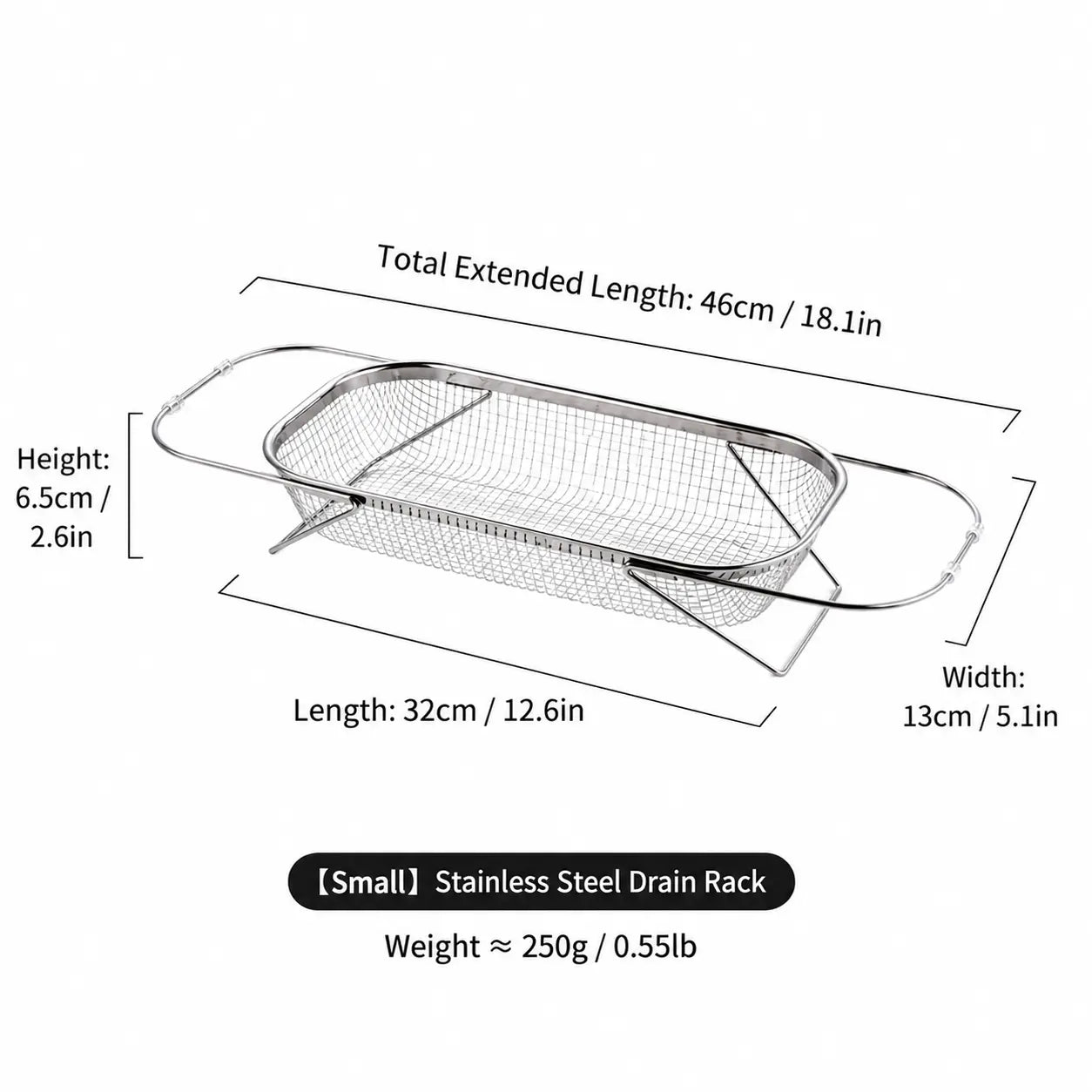 Stainless Steel Expandable Over-The-Sink Colander Strainer Basket with Handles - Rectangular Fine Mesh Kitchen Utensil, Essential Kitchen Supply
