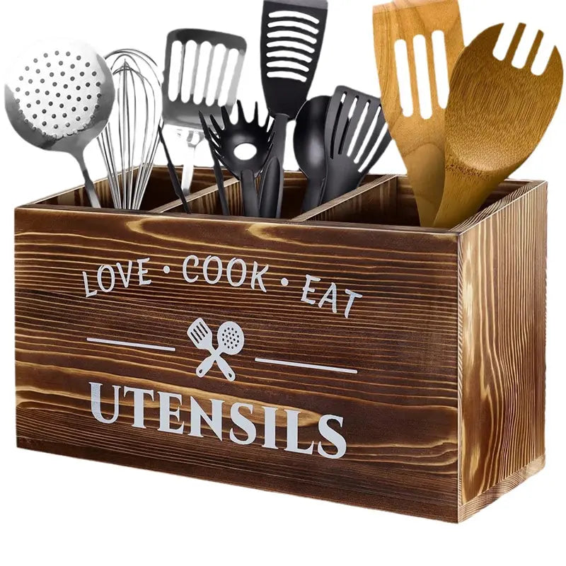 Rustic Brown Wooden Utensil Holder - 3-Compartment Kitchen Caddy for Cooking Tools and Accessories
