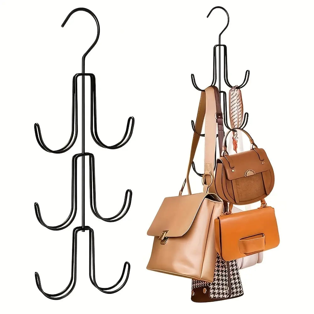 1 Pc Heavy-Duty Rotatable Multi-Tier Multi-Hook Hanger Organizer - Space-Saving Kitchen Bag Rack for Handbags, Belts, Scarves, Maximize Space Closet Storage Holder (Black)