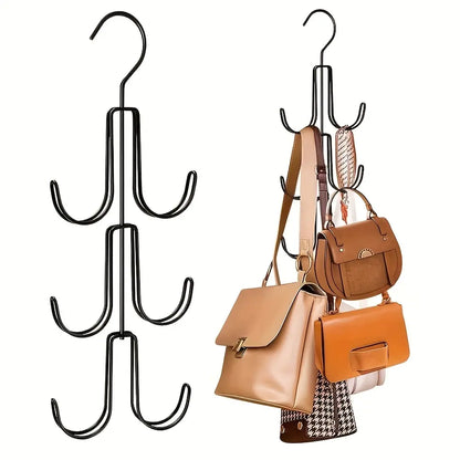 1 Pc Heavy-Duty Rotatable Multi-Tier Multi-Hook Hanger Organizer - Space-Saving Kitchen Bag Rack for Handbags, Belts, Scarves, Maximize Space Closet Storage Holder (Black)