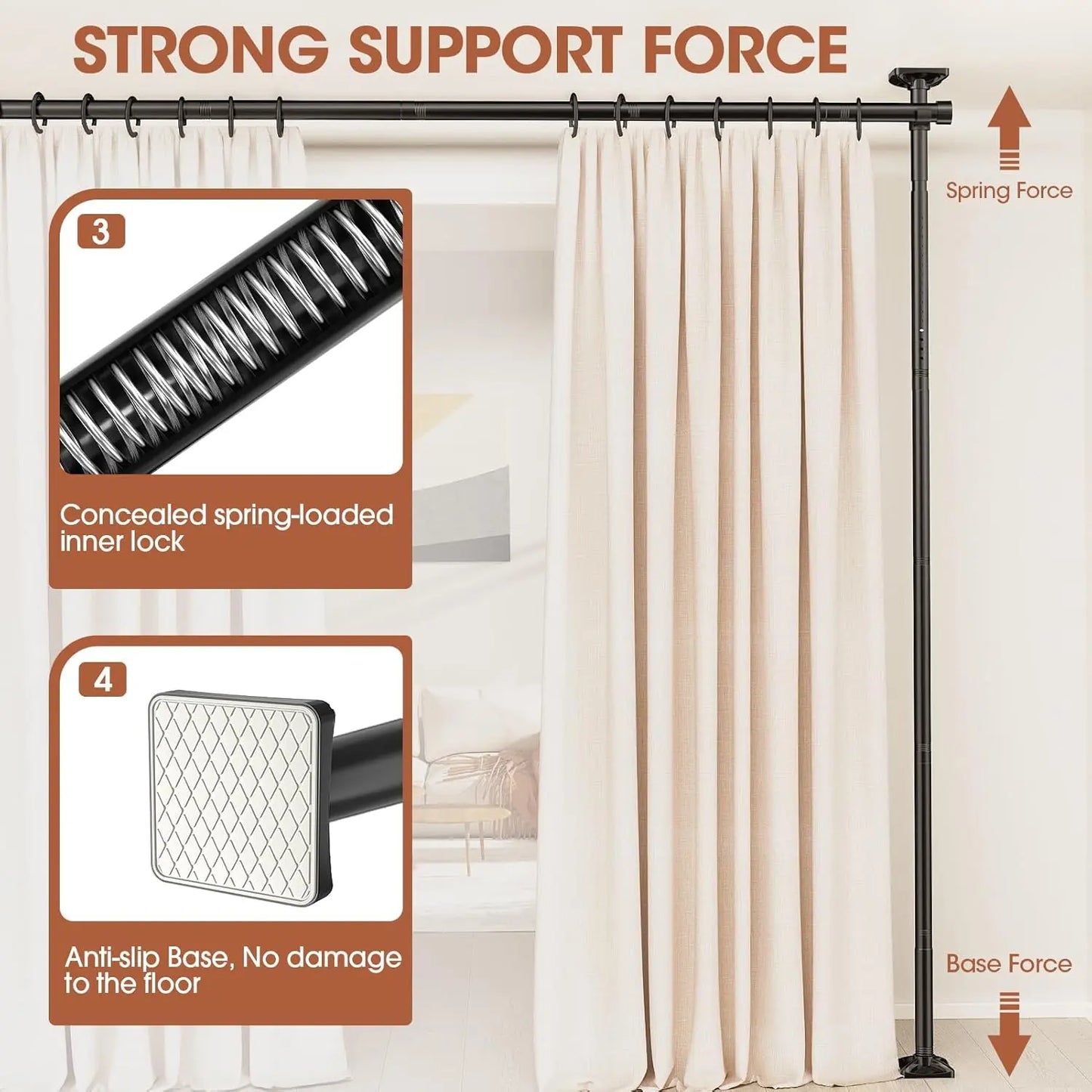 Room Divider No Drilling Curtain Rod Wall Divider for Room Separation, 4-10Ft(H) 28-114Inch(W) Adjustable, Heavy Duty Partition Space Separator Freestanding Tension Curtain Stand, Black