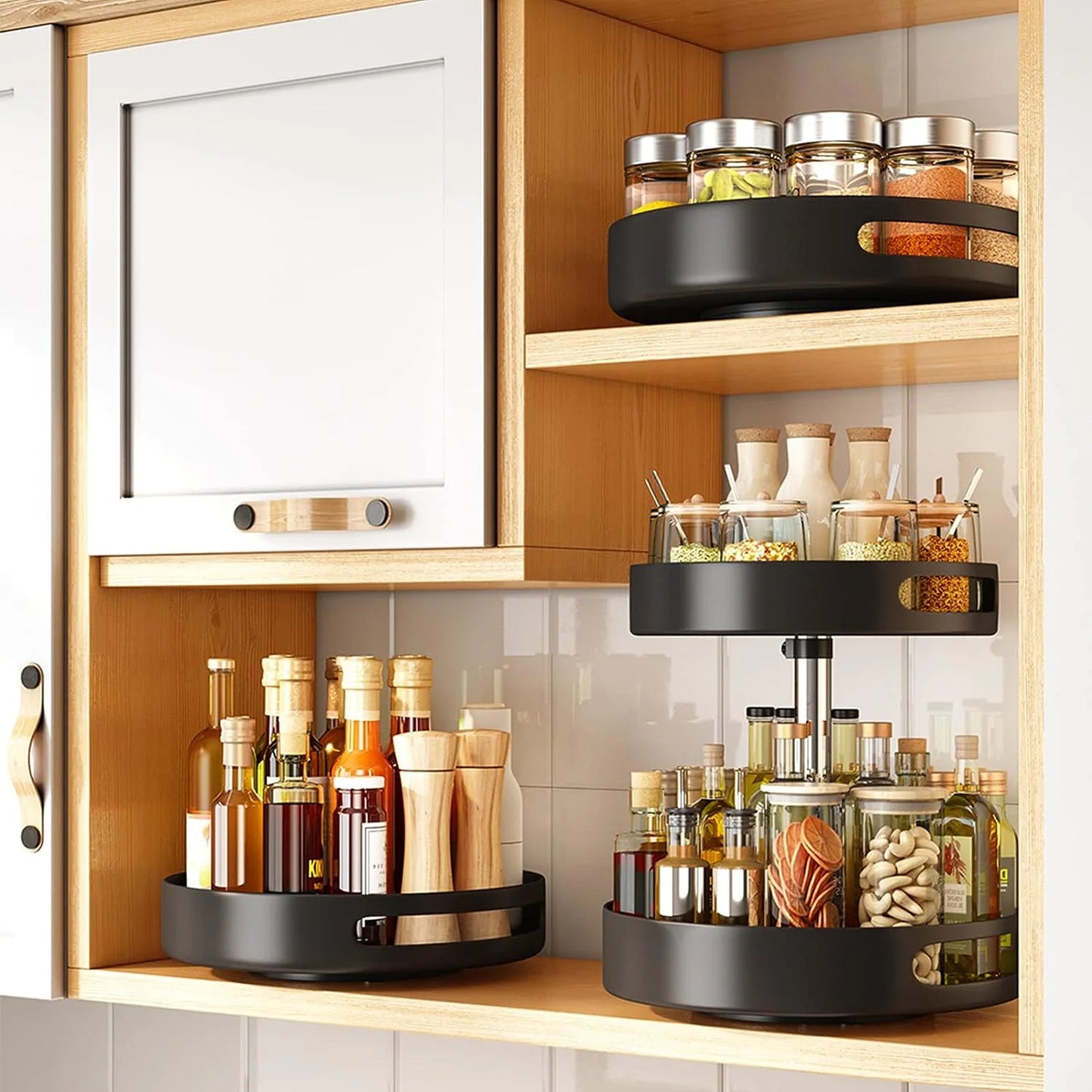 SKYWEE 360° Lazy Susan Turntable Organizer - Metal Spice Rack for Kitchen, Pantry, Cabinet, and Worktop Surfaces, Black Finish