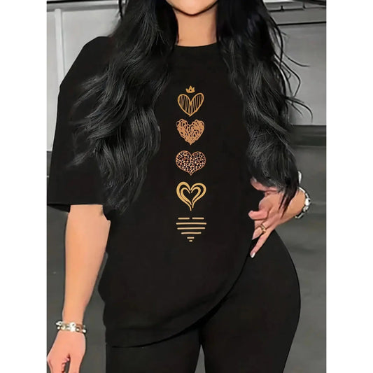 Women'S Cotton Graphic Heart Print Oversized Casual Short-Sleeve Crew Neck T-Shirt, Loose Fit, Moderate-Thick Breathable Fabric, Versatile for Commute, 1-Piece Top