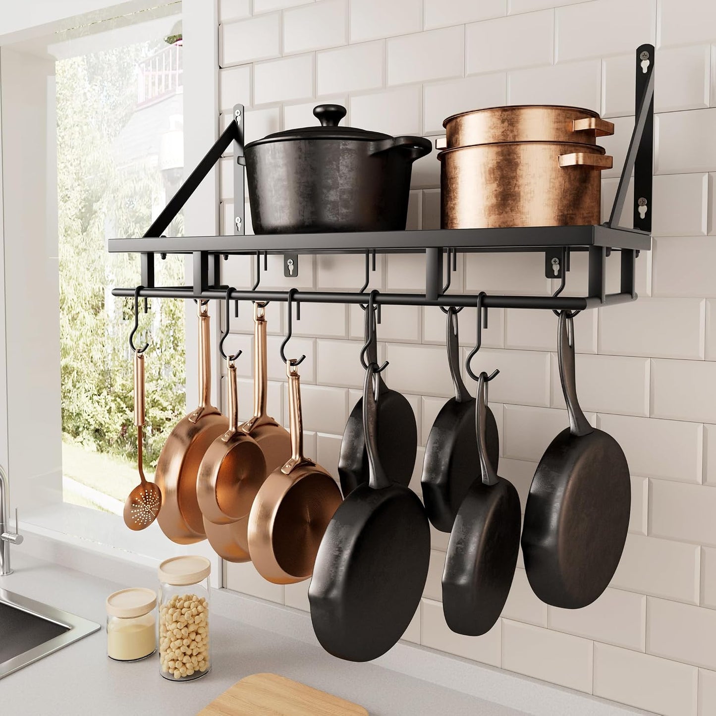 24-Inch Wall-Mounted Kitchen Pot and Pan Rack with 10 Hooks, Matte Black Finish