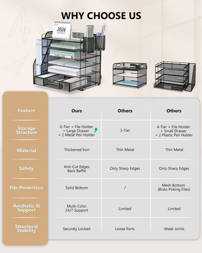 6-Tier Desktop File Organizer with Drawer and Dual Pen Holders - Professional Office and Home Workspace Accessory, Black