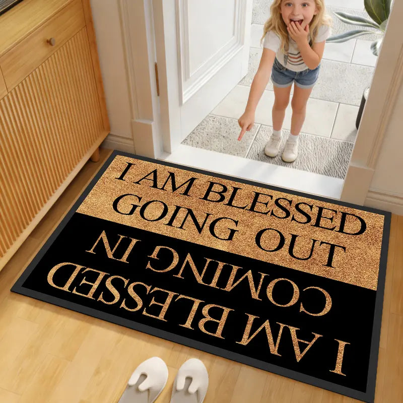 Blessing Letter Pattern Door Mat, Minimalist Indoor Entryway Rug, Creative Small Floor Mat for Living Rooms, Bedrooms, and Dorms – Good Luck Area Rug