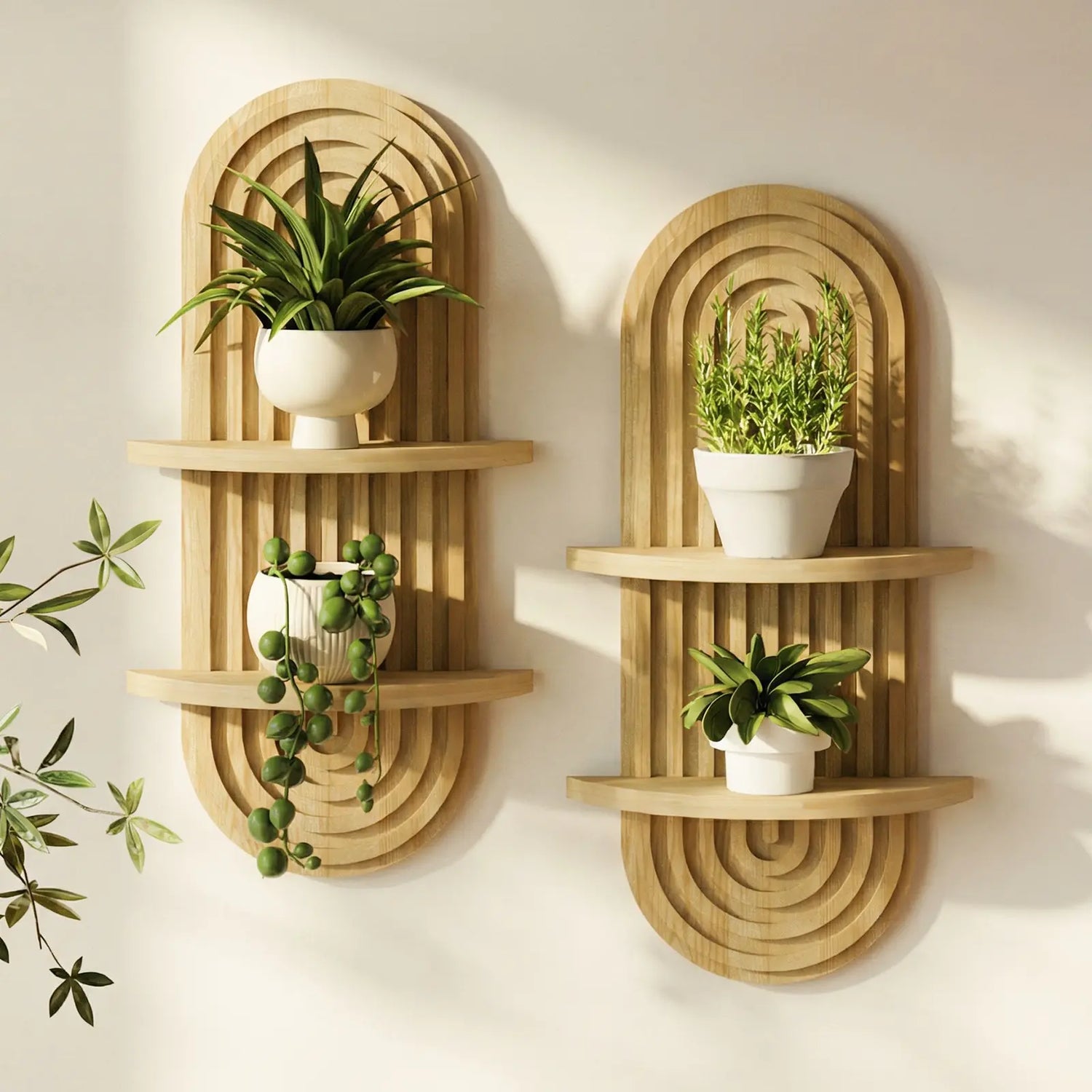 Bamworld Boho Wall Decor Plant Wall Shelf Mid Century Modern Decor Hanging Plant Shelf 2-Tier 1-Tier Wooden Floating Shelves for Home Bathroom Bedroom Living Room Office Holding Planter Decoration Walnut Natural