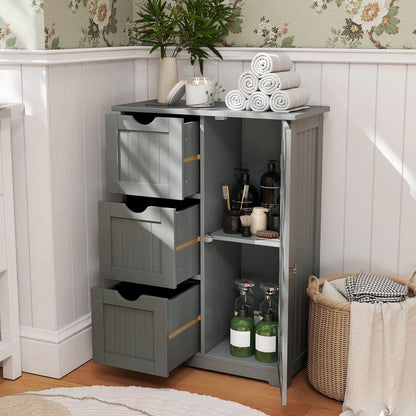 Grey Bathroom Floor Cabinet with Three Drawers and One Cupboard for Side Storage