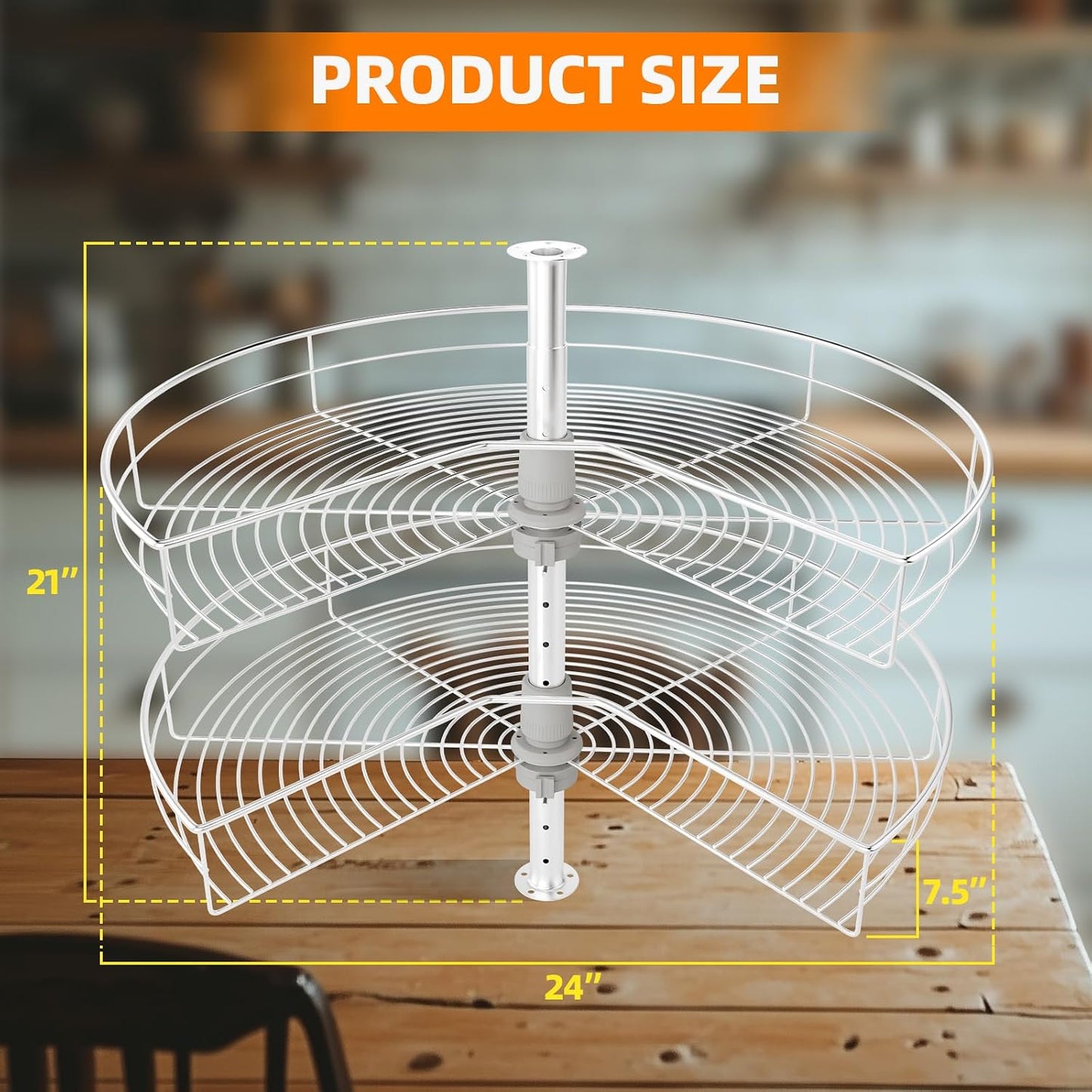 24-Inch Corner Cabinet Turntable with 270° Rotation, Adjustable Height 2-Tier Stainless Steel Storage Rack for Kitchen Cabinets