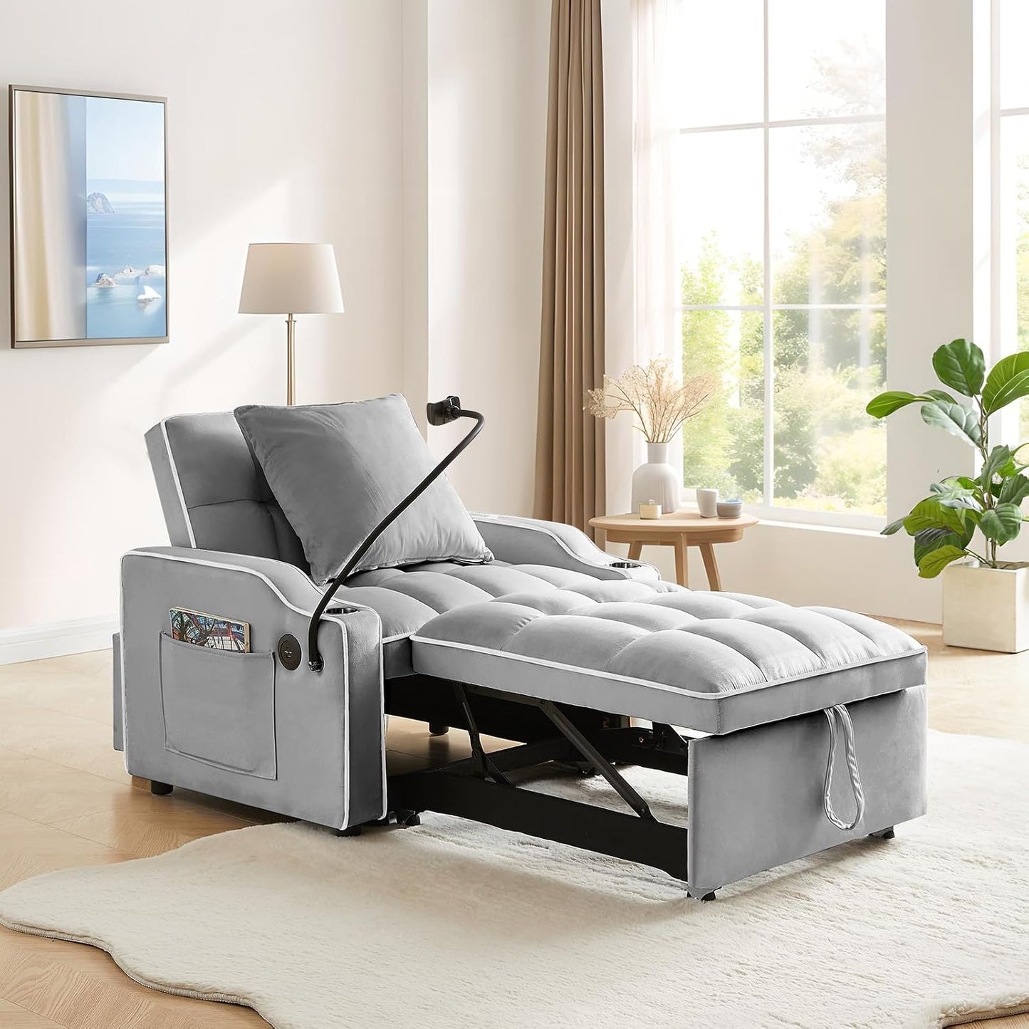 Convertible Velvet Futon Sleeper Chair Bed with Phone Holder and USB Ports, Adjustable Recliner Armchair for Living Room and Office, Ideal for Small Spaces (Grey)