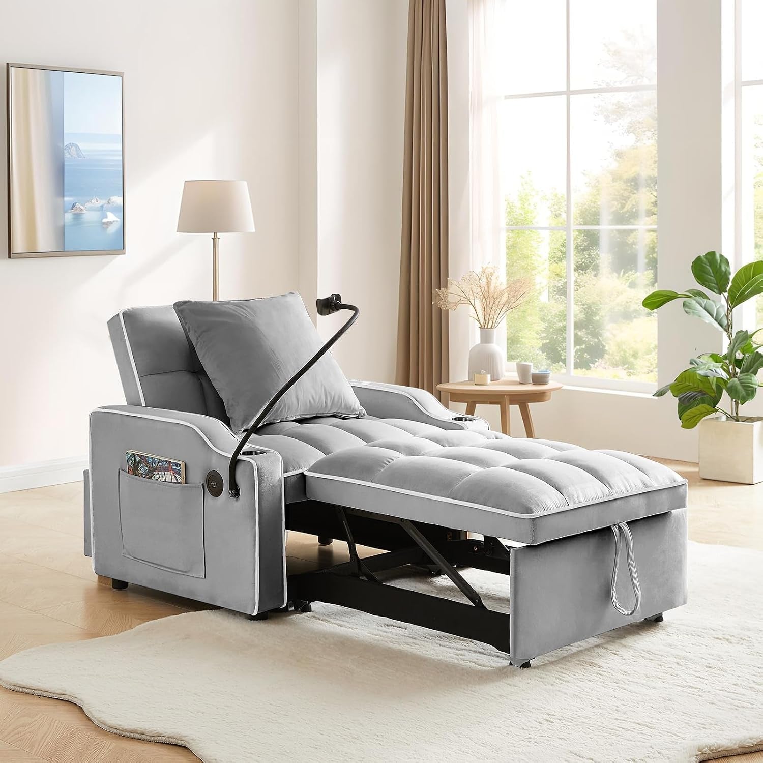 Convertible Velvet Futon Sleeper Chair Bed with Phone Holder and USB Ports, Adjustable Recliner Armchair for Living Room and Office, Ideal for Small Spaces (Grey)