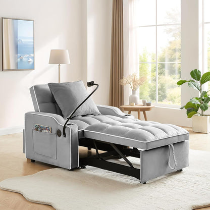 Convertible Velvet Futon Sleeper Chair Bed with Phone Holder and USB Ports, Adjustable Recliner Armchair for Living Room and Office, Ideal for Small Spaces (Grey)