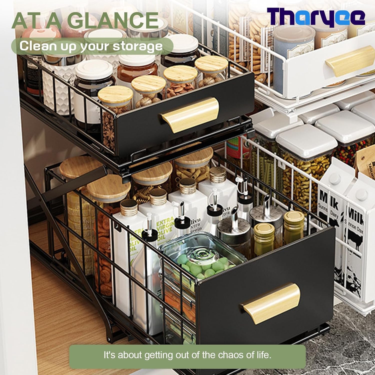 2 Tier Pull Out Cabinet Organizer, under Sink Organizer, Black