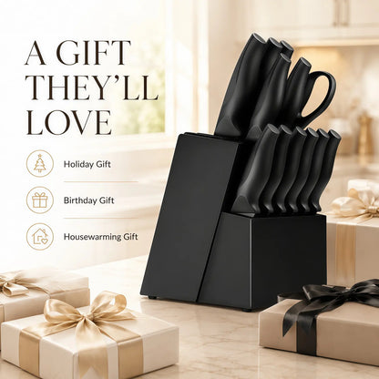 14-Piece Self-Sharpening Stainless Steel Knife Set with Storage Block and Ergonomic Anti-Slip Handles, Dishwasher Safe for Home Kitchen Use