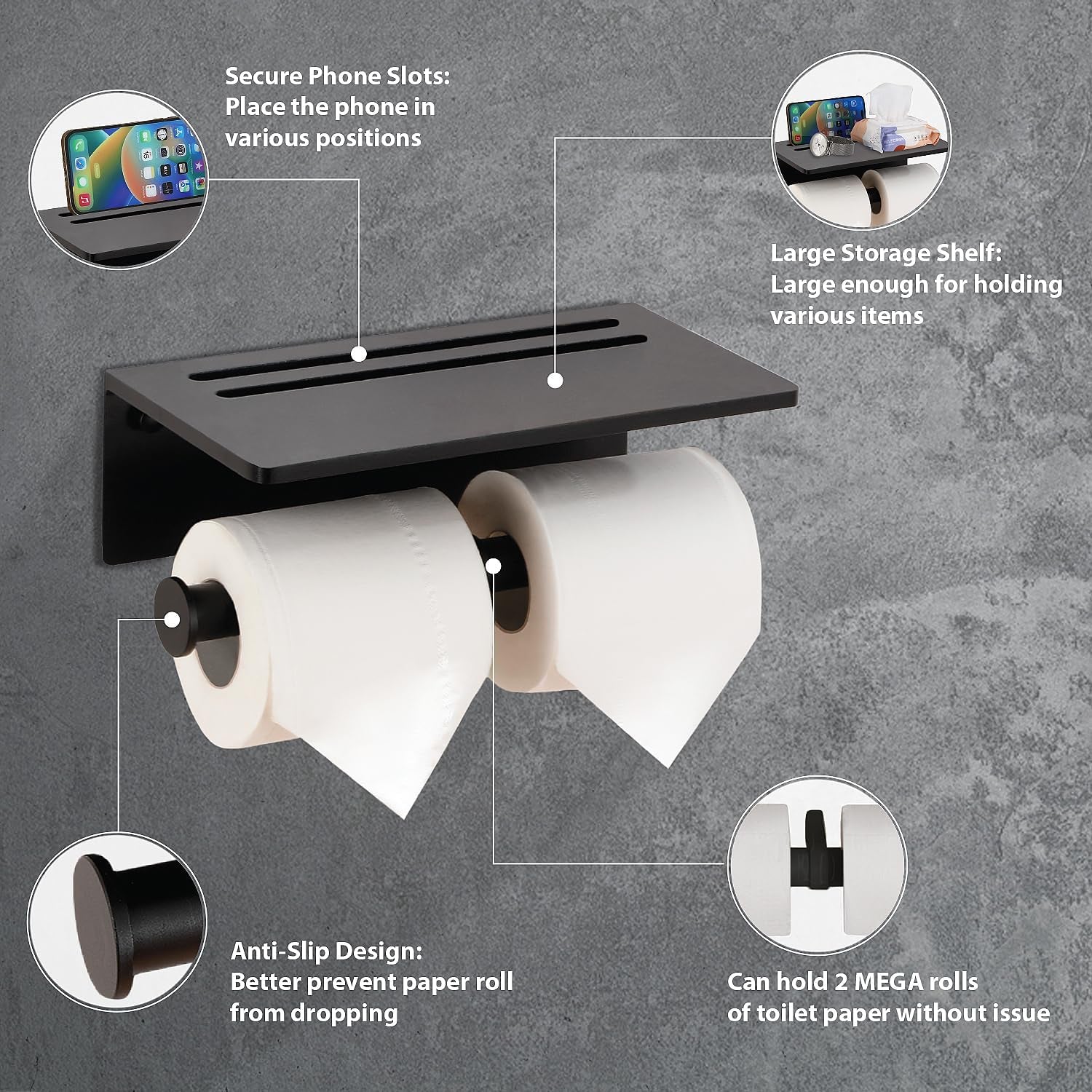 Aluminium Double Roll Toilet Paper Holder with Mobile Phone Shelf