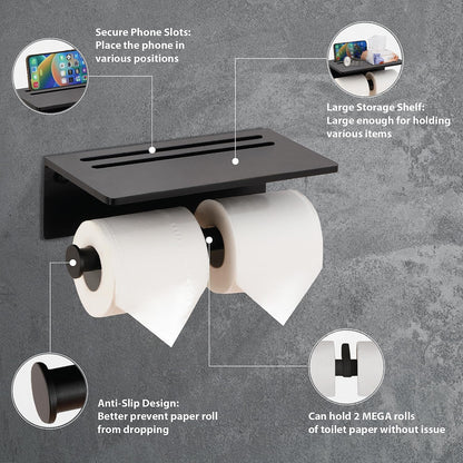 Aluminium Double Roll Toilet Paper Holder with Mobile Phone Shelf