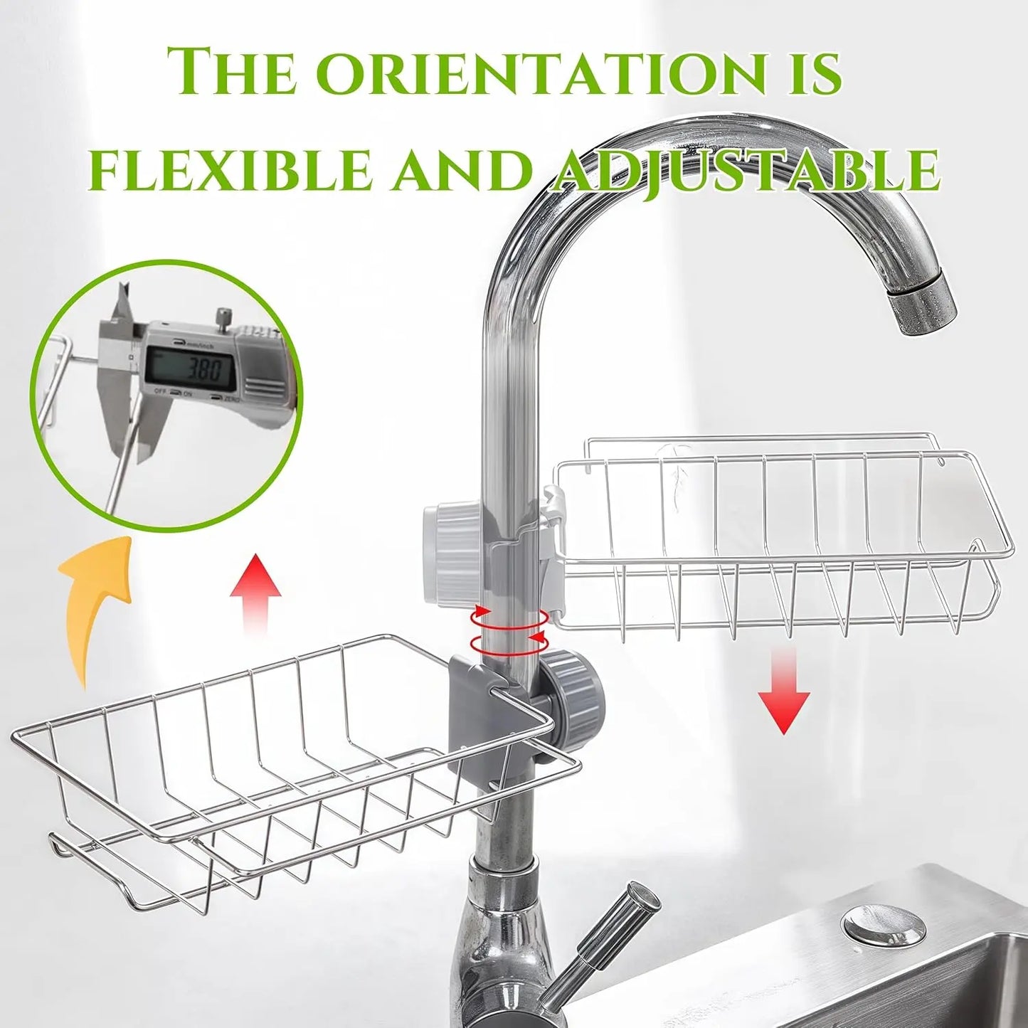 Stainless Steel Over-Faucet Sink Organizer, Rectangle Durable Steel Stand, Adjustable Multifunctional Kitchen Organizers, 360-Degree Rotation No-Drill Holder for Bathroom & Kitchen