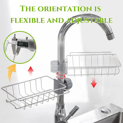 Stainless Steel Over-Faucet Sink Organizer, Rectangle Durable Steel Stand, Adjustable Multifunctional Kitchen Organizers, 360-Degree Rotation No-Drill Holder for Bathroom & Kitchen