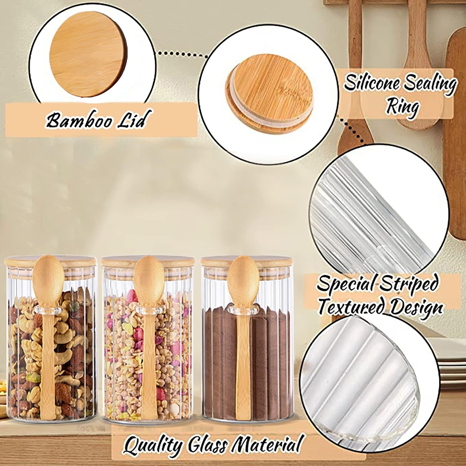 24 FL OZ Airtight Glass Jars with Bamboo Lids Spoons Coffee Canister, 3Pack