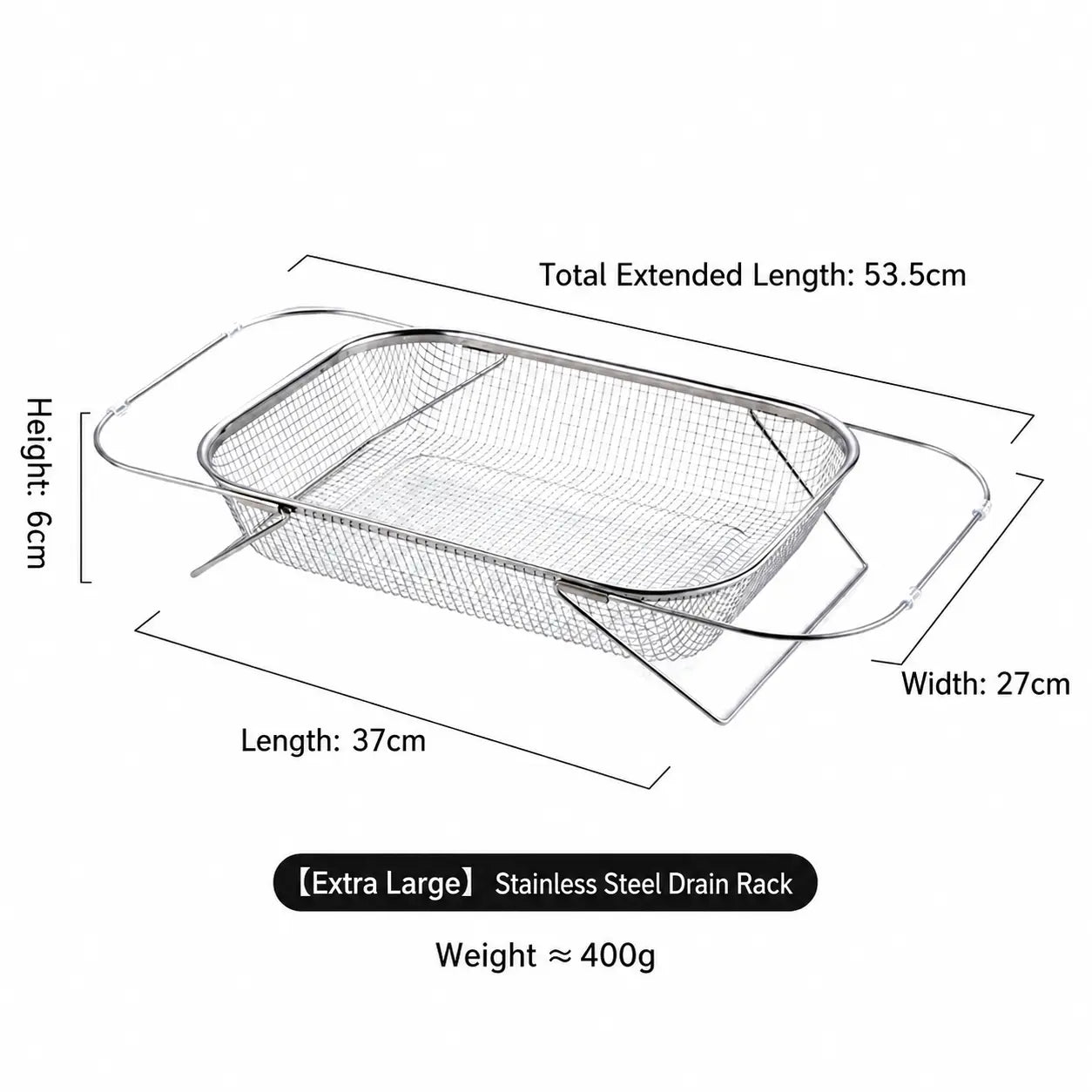 Stainless Steel Expandable Over-The-Sink Colander Strainer Basket with Handles - Rectangular Fine Mesh Kitchen Utensil, Essential Kitchen Supply