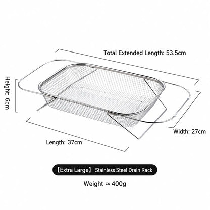 Stainless Steel Expandable Over-The-Sink Colander Strainer Basket with Handles - Rectangular Fine Mesh Kitchen Utensil, Essential Kitchen Supply