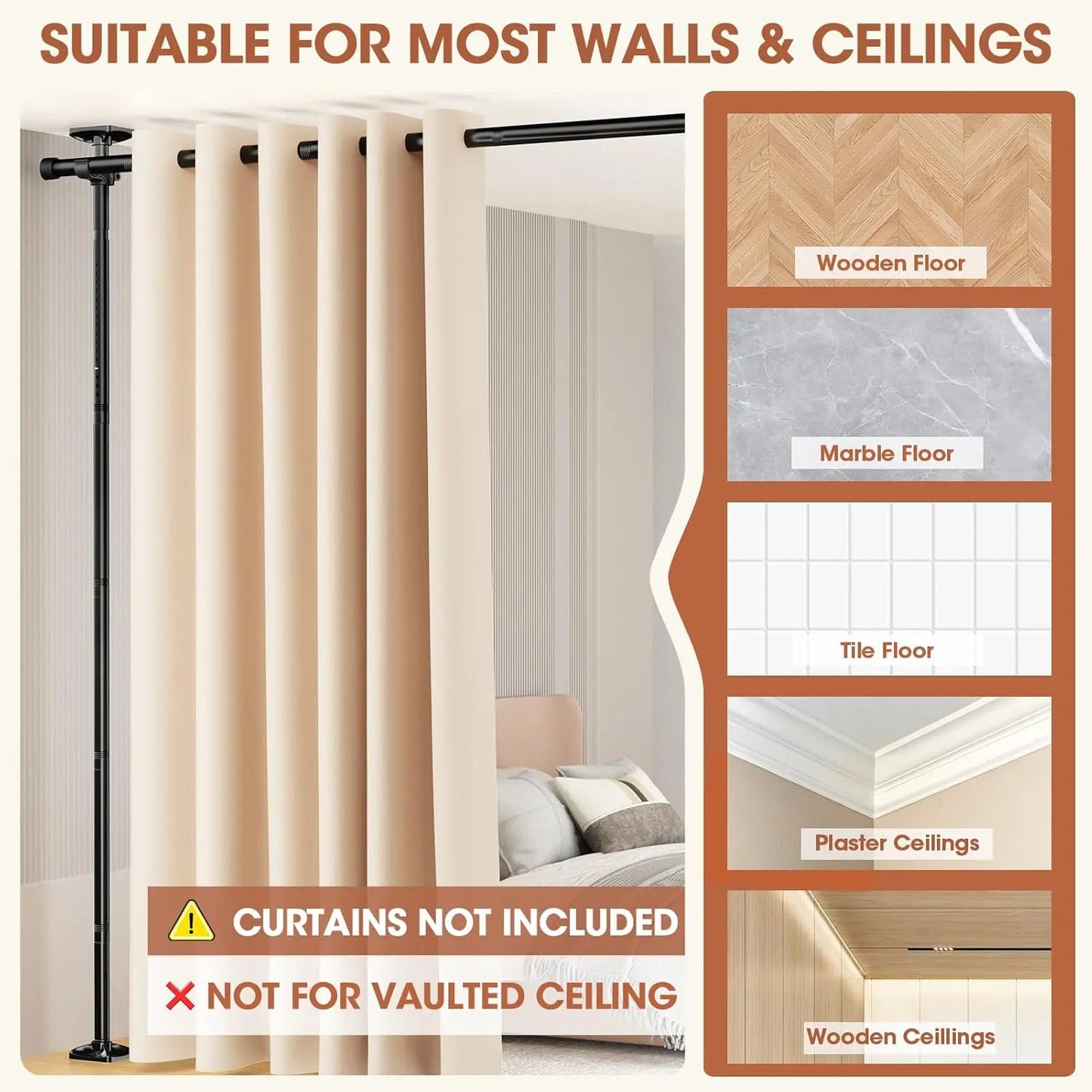 Room Divider No Drilling Curtain Rod Wall Divider for Room Separation, 4-10Ft(H) 28-114Inch(W) Adjustable, Heavy Duty Partition Space Separator Freestanding Tension Curtain Stand, Black