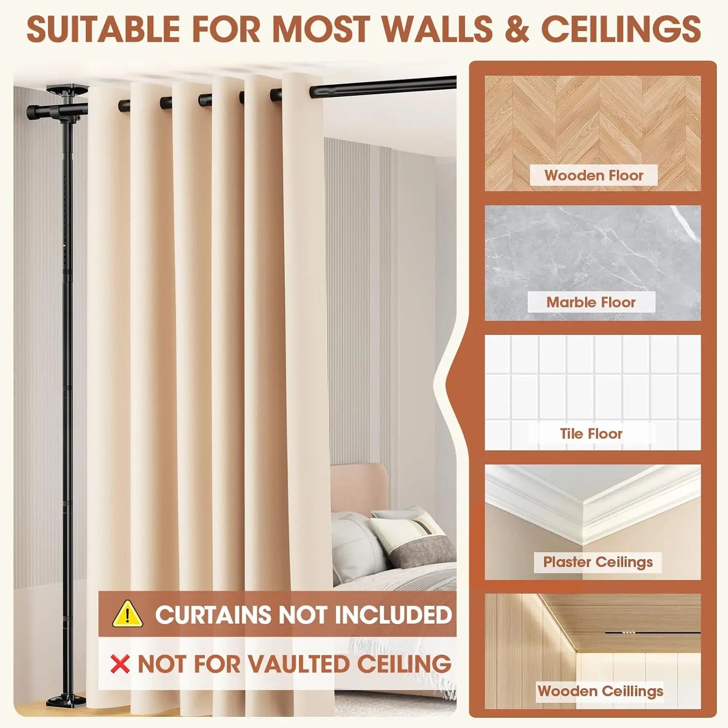 Room Divider No Drilling Curtain Rod Wall Divider for Room Separation, 4-10Ft(H) 28-114Inch(W) Adjustable, Heavy Duty Partition Space Separator Freestanding Tension Curtain Stand, Black