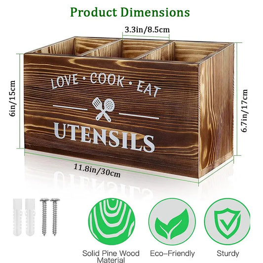 Rustic Brown Wooden Utensil Holder - 3-Compartment Kitchen Caddy for Cooking Tools and Accessories