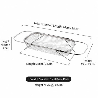 Stainless Steel Expandable Over-The-Sink Colander Strainer Basket with Handles - Rectangular Fine Mesh Kitchen Utensil, Essential Kitchen Supply