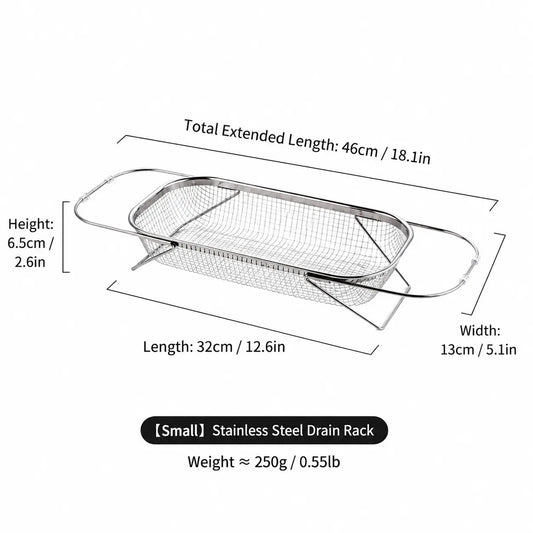 Stainless Steel Expandable Over-The-Sink Colander Strainer Basket with Handles - Rectangular Fine Mesh Kitchen Utensil, Essential Kitchen Supply