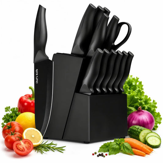 14-Piece Self-Sharpening Stainless Steel Knife Set with Storage Block and Ergonomic Anti-Slip Handles, Dishwasher Safe for Home Kitchen Use