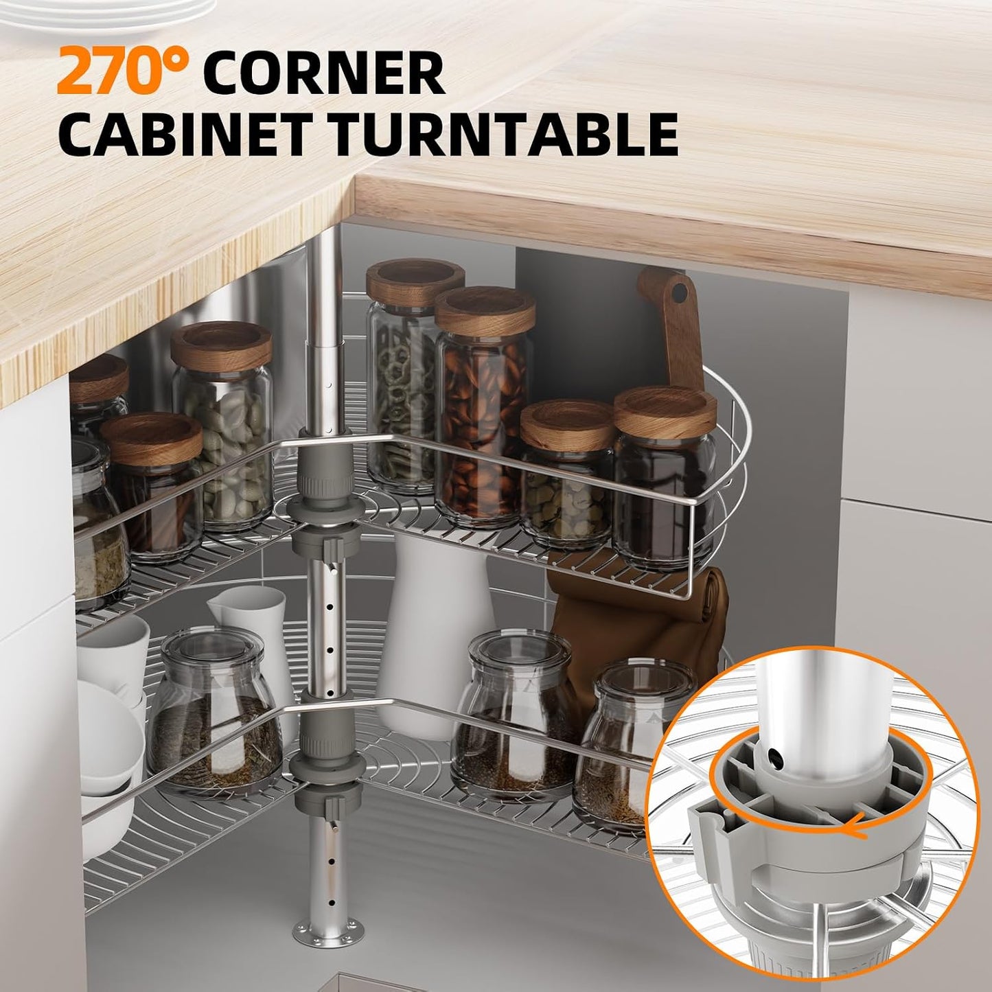 24-Inch Corner Cabinet Turntable with 270° Rotation, Adjustable Height 2-Tier Stainless Steel Storage Rack for Kitchen Cabinets