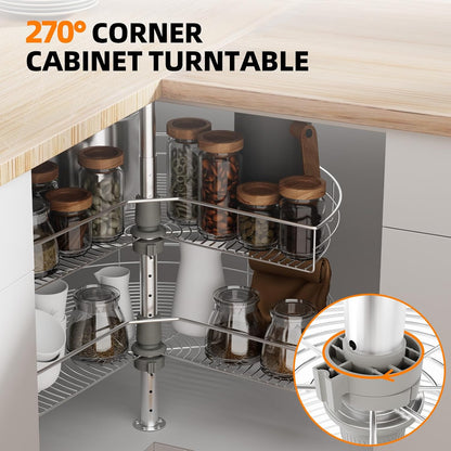 24-Inch Corner Cabinet Turntable with 270° Rotation, Adjustable Height 2-Tier Stainless Steel Storage Rack for Kitchen Cabinets