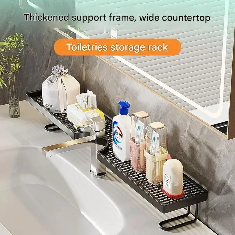 Carbon Steel Bathroom Organizer - 19.7 x 4.3 Inch Luxury Minimalist No-Drill Vanity Storage Rack, Moisture-Proof Anti-Mold Accessory for Skincare and Toiletries (Not Compatible with Circular Sinks; Please Verify Faucet Compatibility on Details Page)