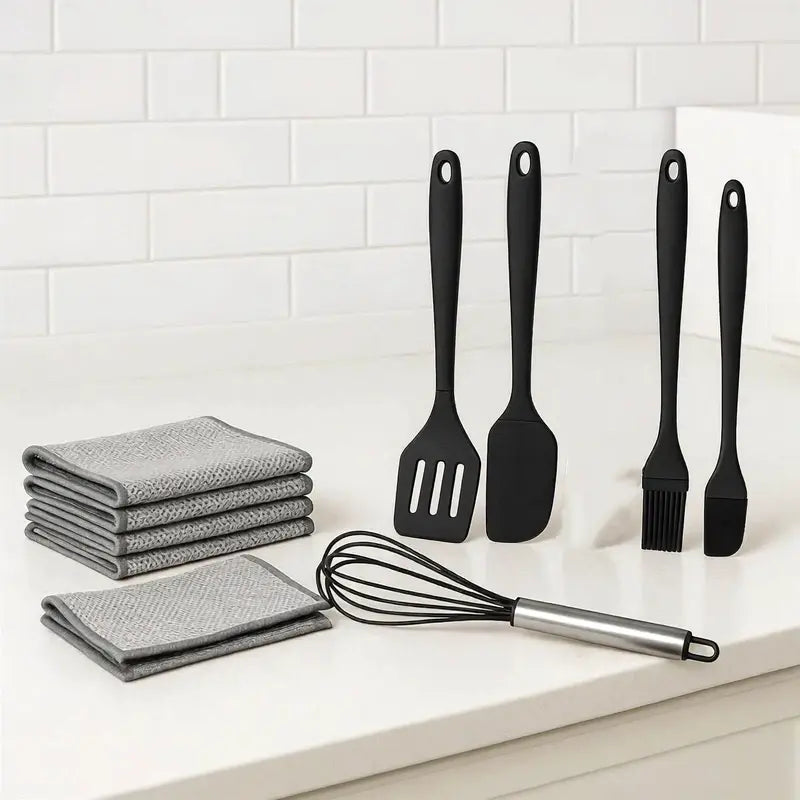 Food-Grade Silicone Kitchen Bakeware Combo Set (5Pcs) - Spatula, Leak-Proof Scraper, Whisk, Brush, Heat-Resistant Stirring Utensils for 4-Hole Pans, Kitchen Supplies + Free 10-Piece Metal Wire Dish Cloths (Dish-Safe, Detailed Size Chart Included)