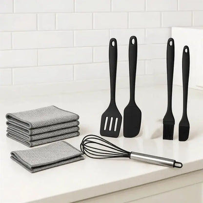 Food-Grade Silicone Kitchen Bakeware Combo Set (5Pcs) - Spatula, Leak-Proof Scraper, Whisk, Brush, Heat-Resistant Stirring Utensils for 4-Hole Pans, Kitchen Supplies + Free 10-Piece Metal Wire Dish Cloths (Dish-Safe, Detailed Size Chart Included)