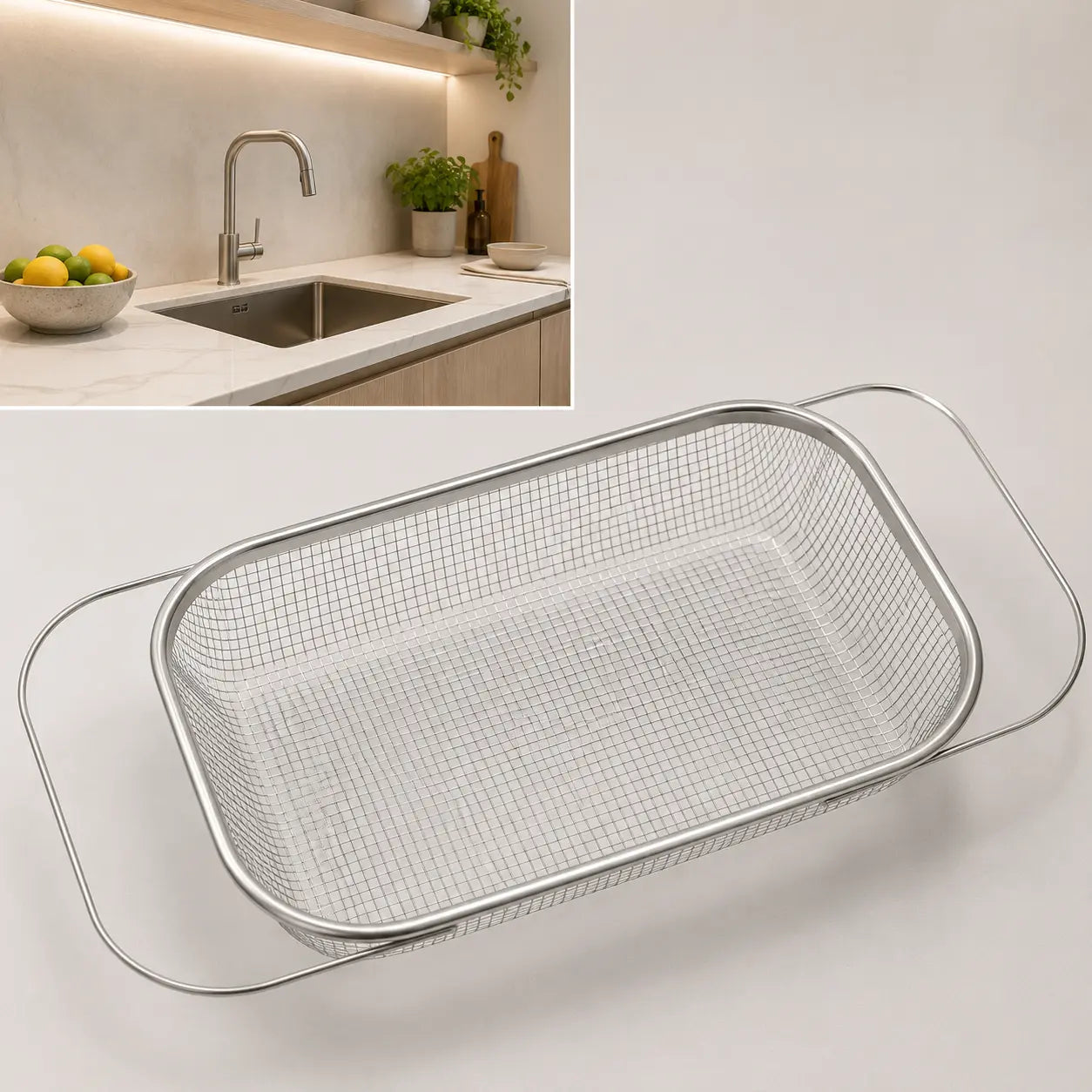 Stainless Steel Expandable Over-The-Sink Colander Strainer Basket with Handles - Rectangular Fine Mesh Kitchen Utensil, Essential Kitchen Supply